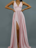 Prom Dress Women'S Clothing Elegant V-neck Solid Color Dress Sling Backless Pink Dress Slit Big Swing Evening Blue Dress Summer