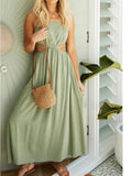 Spaghetti Strap Waist Hollow Out Beige Summer Maxi Long Dress Solid Elegant Backless Sundress Casual Women Dress