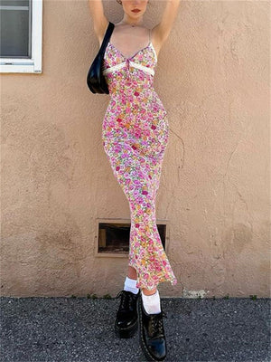 Flowers Print Spaghetti Straps Wrap Long Dress 90s E-girl Aesthetic Women Summer Sleeveless Tie Up V-Neck Sundress