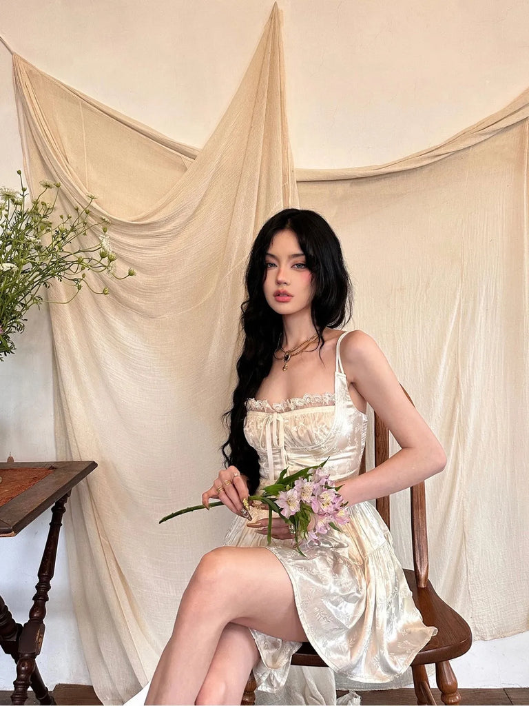 Women's Hollow Sexy Dress Women Spaghetti Straps Sleeveless Off Shoulder High Waist Mini Dress Lace Palace Retro Party Dresses