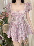 woloong Retro Chic Floral Dress Women's Summer Square Collar Dresses High Waist Short Sleeved A-line Party Slim Mini Dress Vestidos