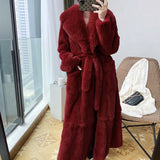 New Imitation Fur Coats Women's Winter Mid-length Lace-up Jackets Fashion Big Size Long Sleeve Thicken Black Overcoat