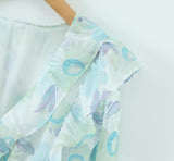 Romantic Full Lantern Sleeve Flower Print Mini Dress Woman Spliced Wood ears Ruffles Hem Elastic Package Hips Holiday Robe