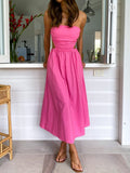 Sexy Side Waist Cut Out Backless Women Summer Dress Solid Strapless Off Shoulder Ladies Maxi Rose Red Dress Elegant Casual Dress
