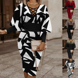 Autumn Winter Ladies Black Print Mid Dress Women Slim Beam Waist Long Sleeve Vestidos Elegant Sexy Hollow Women's Dress