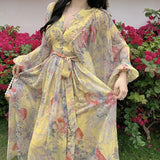 French Seaside Resort Maxi Dress Women Chiffon Puff Sleeve V Neck Floral Dress Female Vintage Elegant Print Long Beach Dress