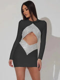 Sexy Cut Out CRYSTAL Bandage Dress Women White Long Sleeve Mini Bodycon Autumn Winter Elegant Party Club Femme Dress Vestidos