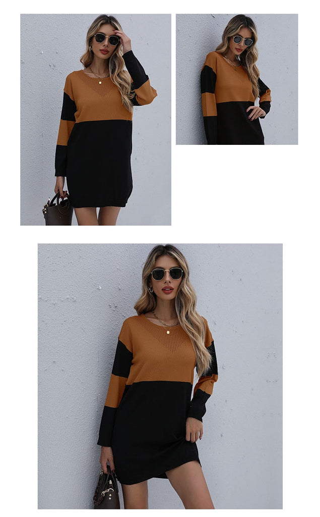Women Winter Sweater Dresses, Women's Autumn Knitted Patchwork Pullovers Tunic Mini Dress.
