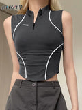 Punk Style Crop Top Zip Up Sleeveless Skinny T Shirt Chic Striped Stitched Body Tees Womens Basic Streetwear Top Summer