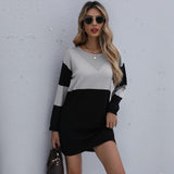 Women Winter Sweater Dresses, Women's Autumn Knitted Patchwork Pullovers Tunic Mini Dress.