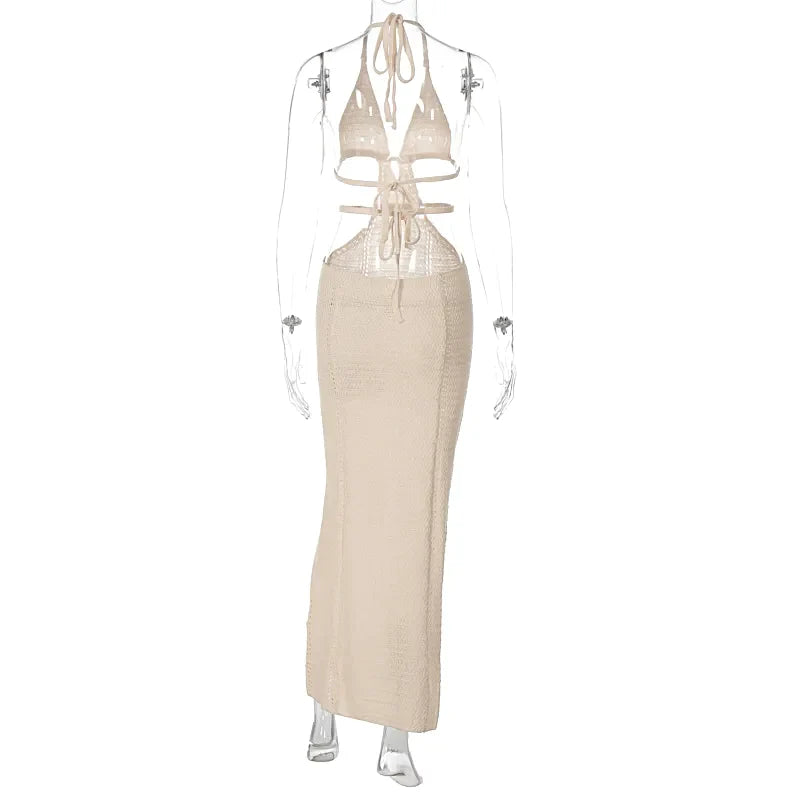 Crochet Halter Sleeveless Backless Solid Hollow Out Bandage Sexy Slim Maxi Prom Dress Winter Festival Party Outfit