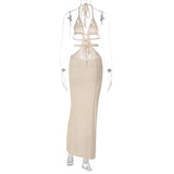 Crochet Halter Sleeveless Backless Solid Hollow Out Bandage Sexy Slim Maxi Prom Dress Winter Festival Party Outfit