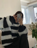 Puff Sleeve Knitted Sweater Women Korean Striped Vintage Pullover Ladies Tops Women's Clothing Round Neck Autumn Winter Jumper