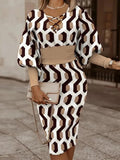 Autumn Winter Ladies Black Print Mid Dress Women Slim Beam Waist Long Sleeve Vestidos Elegant Sexy Hollow Women's Dress