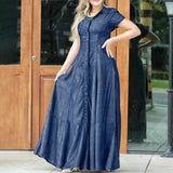 Woloong Short Sleeve Female Dress With Pockets Loose Big Swing Clothing Denim Elegant Casual Outfits Solid Color Long Dresses Plus Size