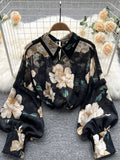 Autumn Puff Sleeve Shirts Blouse Women Floral Long Sleeve Lapel Buttons Vintage Shirts Elegant Blouses Tops Female GD631