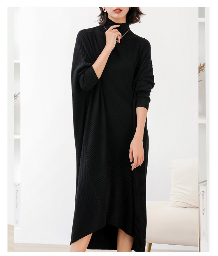 Women L-3XL Large Size Knitted Rib Woolen Dress With Batwing Sleeve For Autumn And Winter