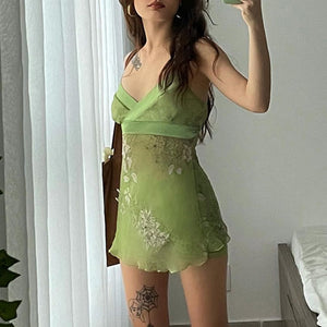 Vintage Chiffon Mini Dress y2k Fairycore Grunge Floral V Neck Backless Spaghetti Strap Sexy Dress Women Beach Sundress
