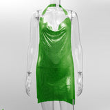 Shiny Luxury Sequined Low Cut Halter Mini Dress Backless Patchwork Split Sleeveless Hollow Out Party Sexy Women Solid Dresses