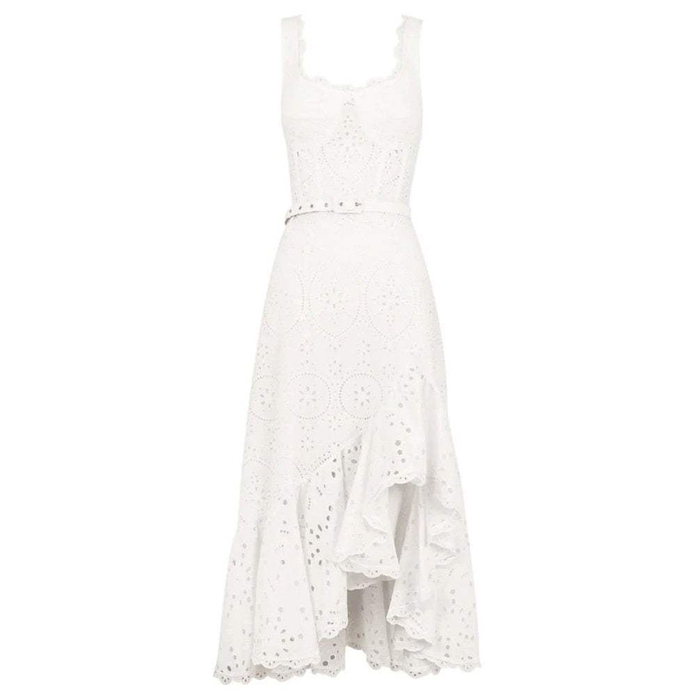 Embroidery Hollow Out Printing Dresses For Women Square Collar Sleeveless High Waist Irregular Hem A Line Midi Dress Female