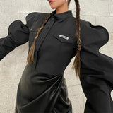 Autumn Streetwear Turtleneck Shirts For Women Long Sleeve Buttons Crop Tops Women  Baggy Black Design Shirt Female
