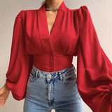 Women Shirts  Fashion Lantern Long Sleeve Elegant Blouse Summer Sexy V-neck Tunic Top Casual Party High Street Blusas