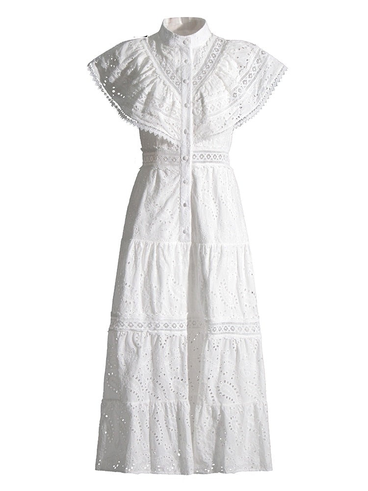 Embroidery Summer Dresses For Women Stand Collar Short Sleeve High Waist Folds Summer Dress Female Fashion Clothing