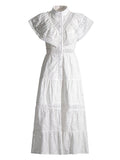 Embroidery Summer Dresses For Women Stand Collar Short Sleeve High Waist Folds Summer Dress Female Fashion Clothing