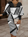 Autumn Winter Ladies Black Print Mid Dress Women Slim Beam Waist Long Sleeve Vestidos Elegant Sexy Hollow Women's Dress