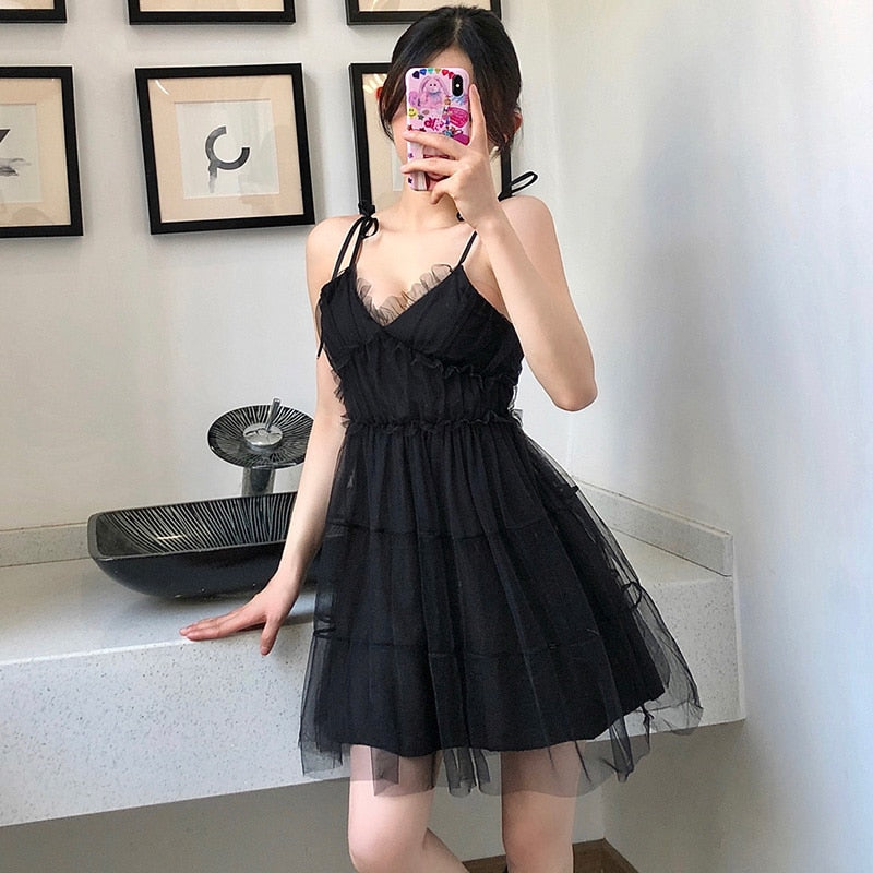Spaghetti Strap Dress Black Sweet Princess High Waist A-line Sexy Mini Dress Puffy Vintage Mesh Dress Sundress  Women Clothing