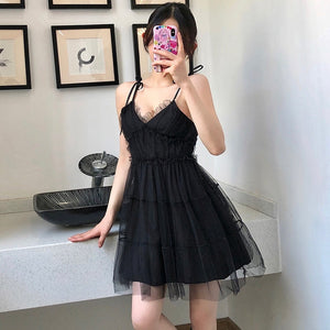 Spaghetti Strap Dress Black Sweet Princess High Waist A-line Sexy Mini Dress Puffy Vintage Mesh Dress Sundress  Women Clothing