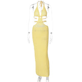 Crochet Halter Sleeveless Backless Solid Hollow Out Bandage Sexy Slim Maxi Prom Dress Winter Festival Party Outfit
