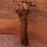 Solid knitted open back flared long sleeve maxi dress elegant sexy clothes for women  fall resort wear