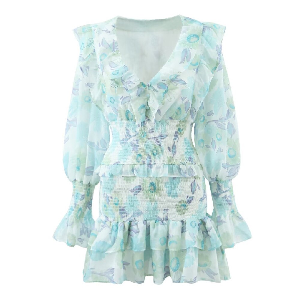 Romantic Full Lantern Sleeve Flower Print Mini Dress Woman Spliced Wood ears Ruffles Hem Elastic Package Hips Holiday Robe