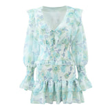 Romantic Full Lantern Sleeve Flower Print Mini Dress Woman Spliced Wood ears Ruffles Hem Elastic Package Hips Holiday Robe