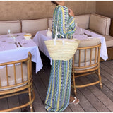 Patchwork Deep V-neck Women's Knit Dress Casual Full Flare Sleeve Crocheted Slit Long Dresses Female Autumn Party Vestidos