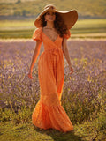 Summer Women'S Dress V-neck Short-sleeved Slim Solid Color Sexy Dress Pastoral Belt Lace With Orange Dresses