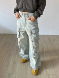 Woloong Cargo Jeans Women Y2k Vintage Distressed Multi-pocket Trousers Winter Fashion Original Streetwear Grunge Baggy Wide Denim Pants