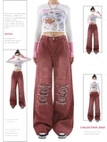 Woloong Women's Vintage Red Baggy Jeans 90s Aesthetic High Waist Denim Trousers Korean 2000s Y2k Harajuku Wide Pants Trashy Clothes