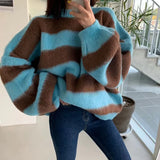 Puff Sleeve Knitted Sweater Women Korean Striped Vintage Pullover Ladies Tops Women's Clothing Round Neck Autumn Winter Jumper