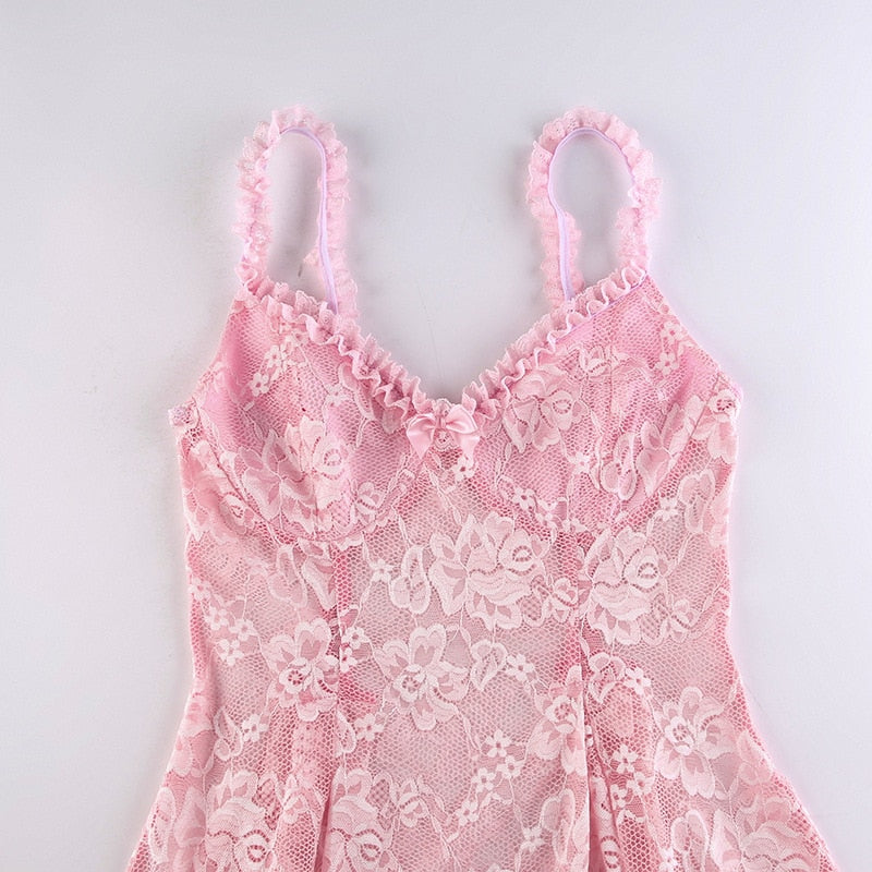 Pink Lace Dress Woman Sexy See Through Slip Dresses Kawaii Clothes Lady Girls A Line Dress Night Club Outfits Slim Empire Waist