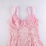 Pink Lace Dress Woman Sexy See Through Slip Dresses Kawaii Clothes Lady Girls A Line Dress Night Club Outfits Slim Empire Waist