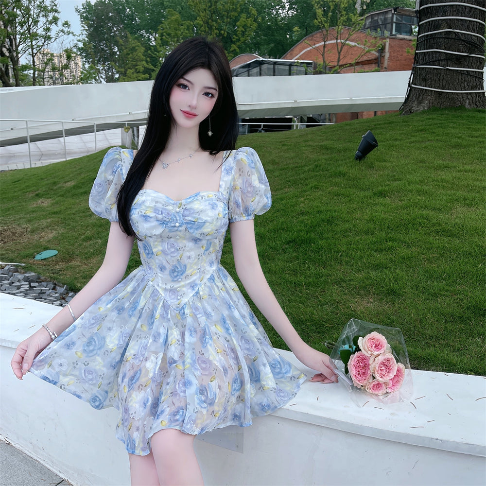 woloong Retro Chic Floral Dress Women's Summer Square Collar Dresses High Waist Short Sleeved A-line Party Slim Mini Dress Vestidos