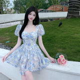 woloong Retro Chic Floral Dress Women's Summer Square Collar Dresses High Waist Short Sleeved A-line Party Slim Mini Dress Vestidos