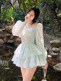 Korean Style Sweet Party Mini Dress Women Green Chiffon France Elegant Dress Female Bubble Sleeve White Casual Fairy Dress