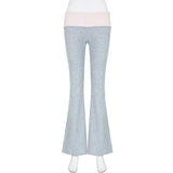Woloong Casual Contrast Color Patchwork Flare Pants Grey High Waist Slim-fitting Boot Cut Leggings Joggers Sweatpants Women