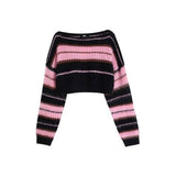 Woloong  Y2K Korean Style Pink Cropped Sweater Women Striped Jumper Vintage Female  Autumn Long Sleeve Crewneck Pullovers Tops