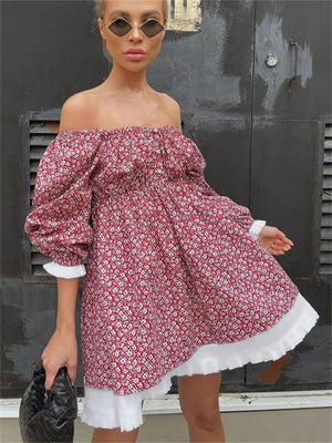 Printed Off-Shoulder Ruffled Mini Dress For women Square Collar Fashion Casual Elegant Party Dress Evening Mini Dress