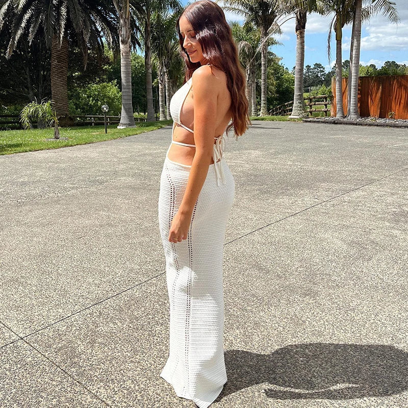 Crochet Halter Sleeveless Backless Solid Hollow Out Bandage Sexy Slim Maxi Prom Dress Winter Festival Party Outfit