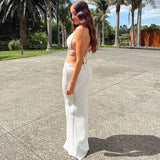 Crochet Halter Sleeveless Backless Solid Hollow Out Bandage Sexy Slim Maxi Prom Dress Winter Festival Party Outfit